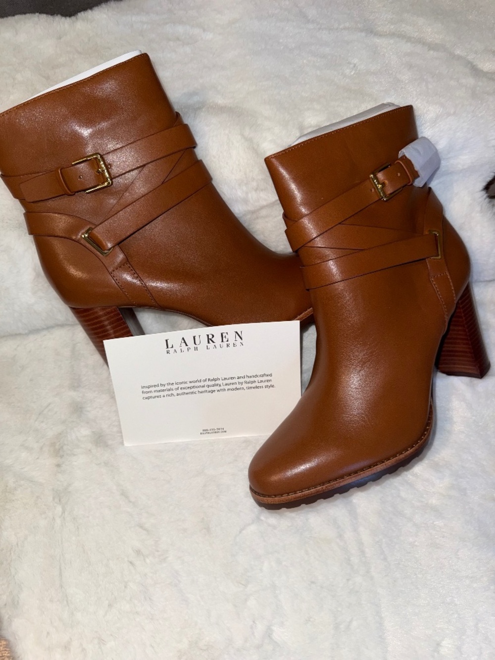 NWT Lauren Ralph Lauren Cognac Brown Buckle Ankle Boots $225